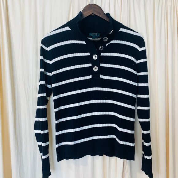 Lauren Ralph Lauren Buttoned Mock Neck Ribbed Knit Striped Sweater Black L - Picture 1 of 6